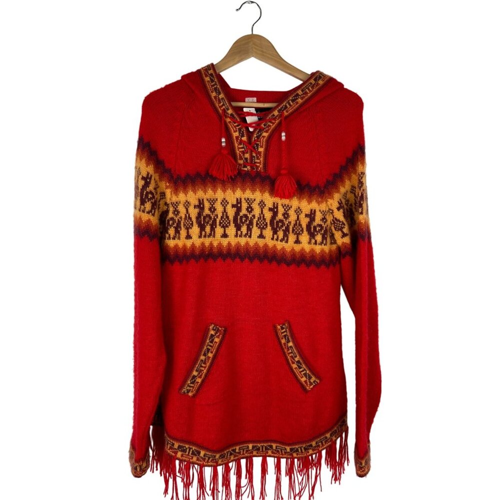 Red Hooded Fringe Pullover Sweater with Aztec Stripe